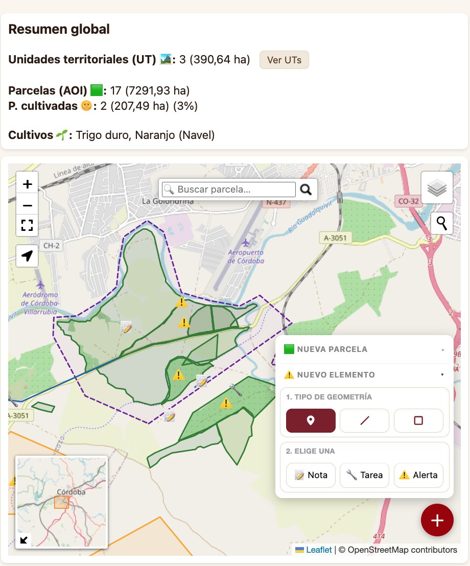 Panel de CERESAT: resumen de unidades territoriales, parcelas y cultivos, sobre un mapa con las parcelas en verde y las unidades territoriales en morado, con el menú de crear parcela o elemento abierto